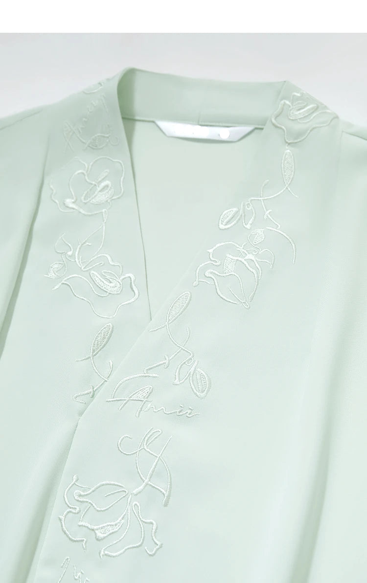 Chiffon Embroidered V-Neck Lantern Sleeve Blouse