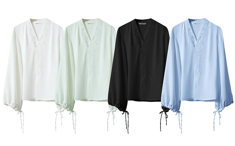 Chiffon Embroidered V-Neck Lantern Sleeve Blouse