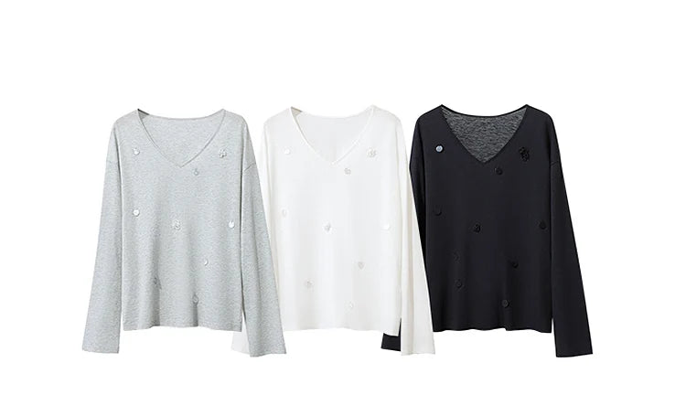 Long-Sleeved V-Neck Loose-Fitting Pullover T-Shirt