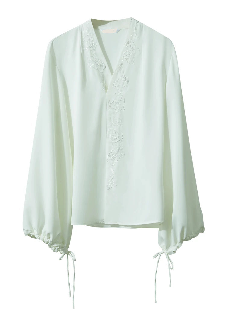 Chiffon Embroidered V-Neck Lantern Sleeve Blouse