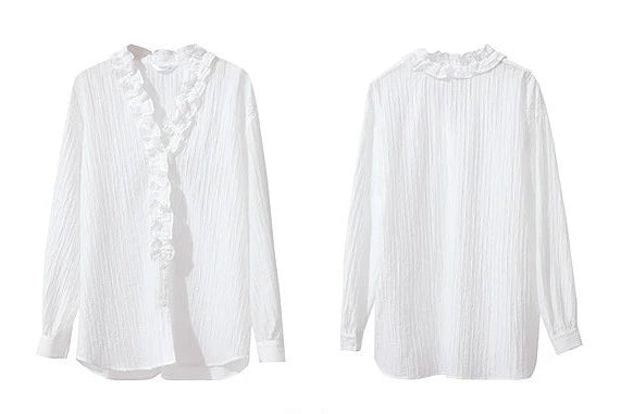 Ruffled V-Neck Long-Sleeved Loose-Fitting Shirt