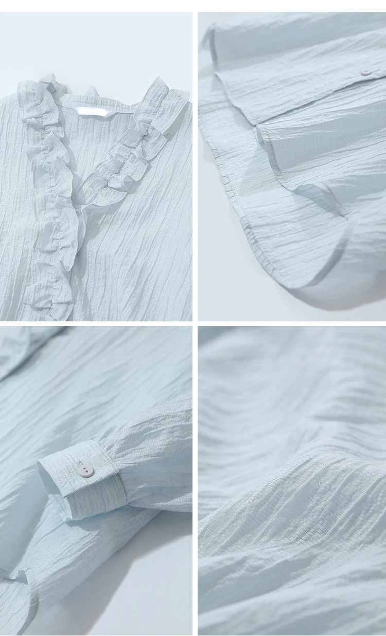 Ruffled V-Neck Long-Sleeved Loose-Fitting Shirt