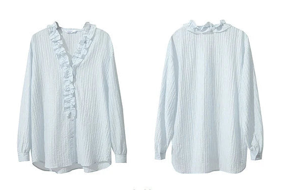 Ruffled V-Neck Long-Sleeved Loose-Fitting Shirt