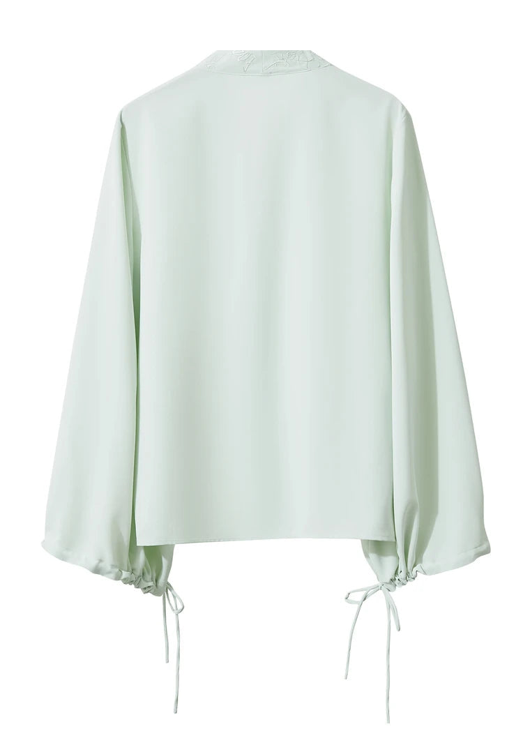 Chiffon Embroidered V-Neck Lantern Sleeve Blouse