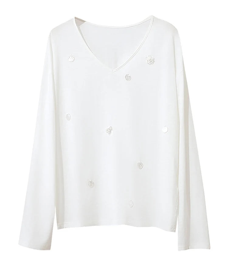 Long-Sleeved V-Neck Loose-Fitting Pullover T-Shirt